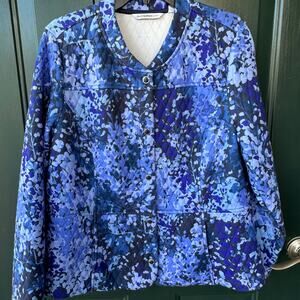 Isaac Mizrahi QVC Quilted Snap Jacket L Blue Floral Print Lightweight Fall Layer